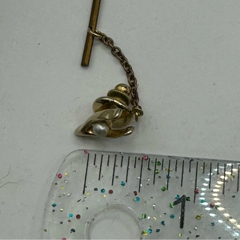 Vintage MCM wishbone with pearl tie tack pin gold tone